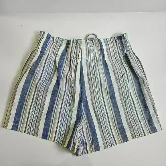 HAVE Blue Tan Stripe Paper Bag High Waist Shorts Elastic Waist Band Women Medium - Picture 2 of 6